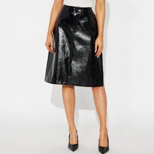 NWT 'Money Talks' Faux Patent Leather Midi Skirt in Black, Size Large